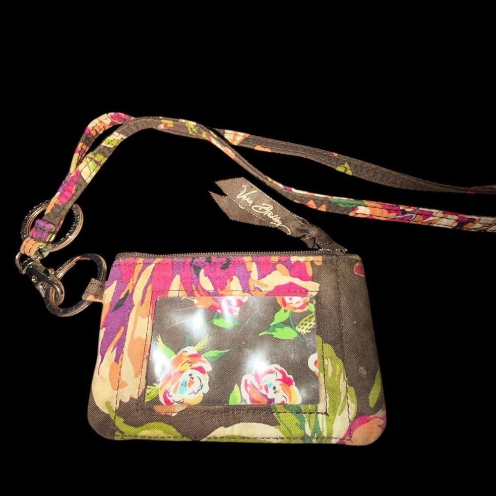 Vera Bradley Zip ID Case Coin Purse Wallet Lanyard Floral Cotton Card Holder